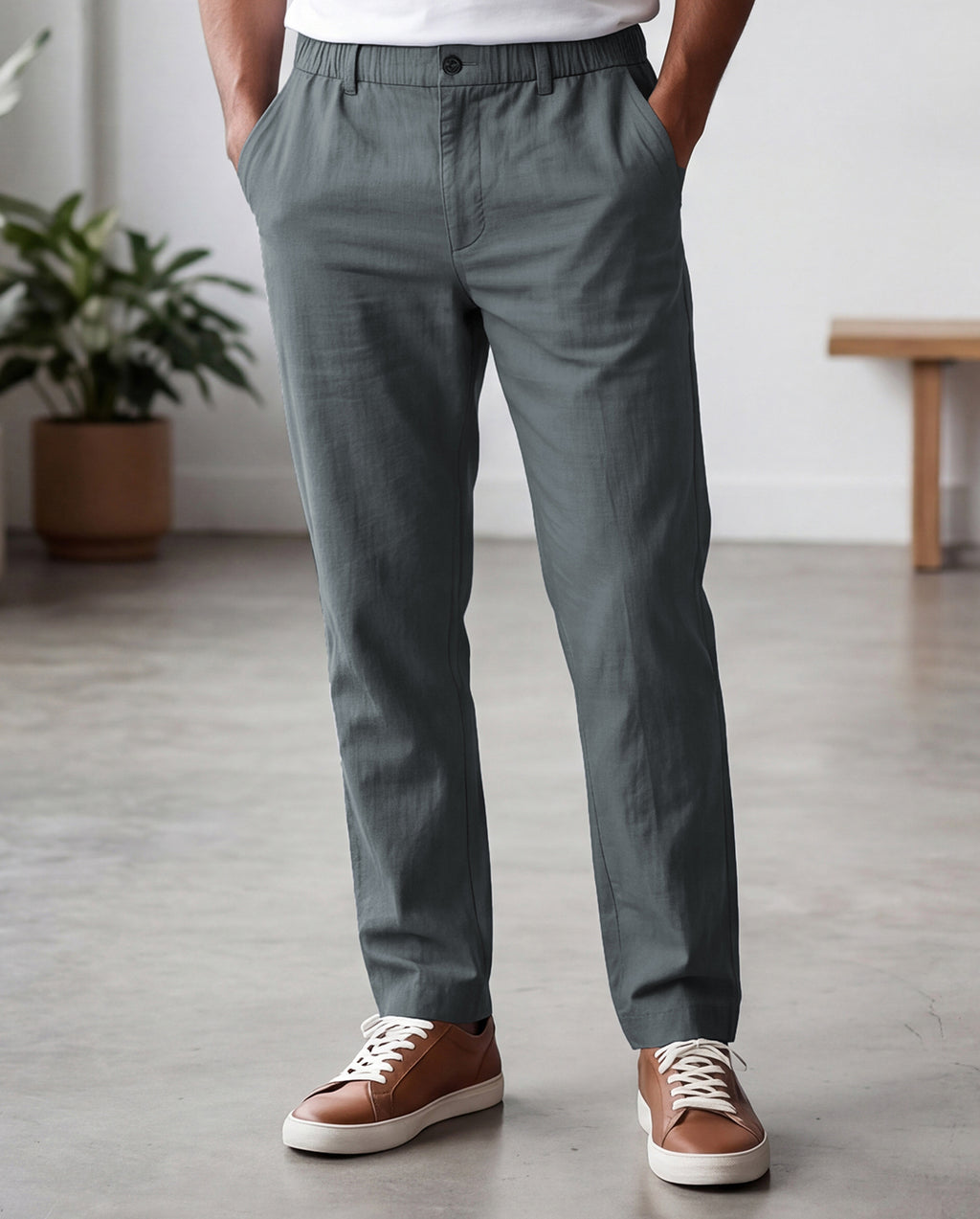 Grey Casual Linen Pants For Men
