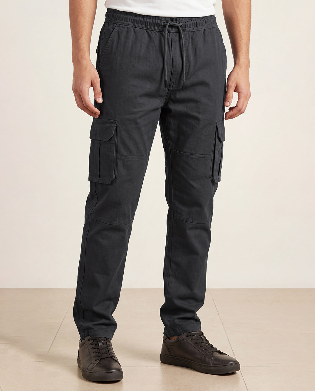 Grey Solid Cargo Pants For Men