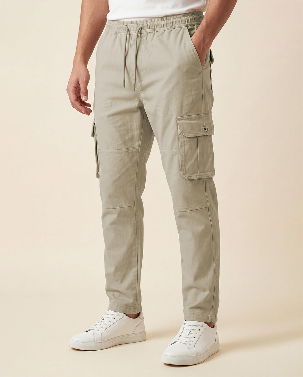 Beige Solid Cargo Pants For Men