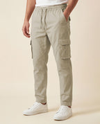 Beige Solid Cargo Pants For Men