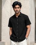 Half-Sleeve Cotton Linen Shirt in Black