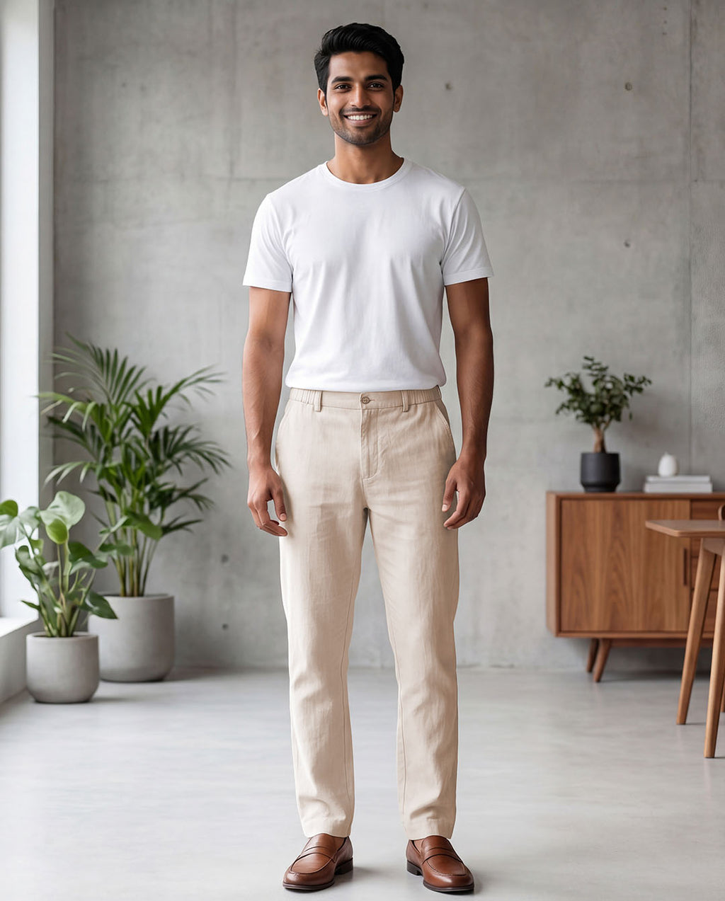 Beige Casual Linen Pants For Men