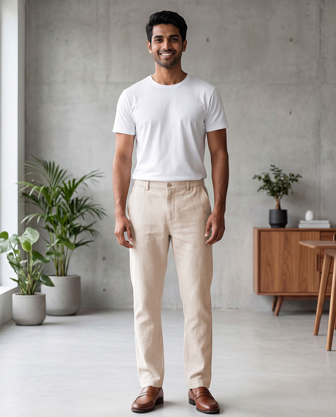 Beige Casual Linen Pants For Men