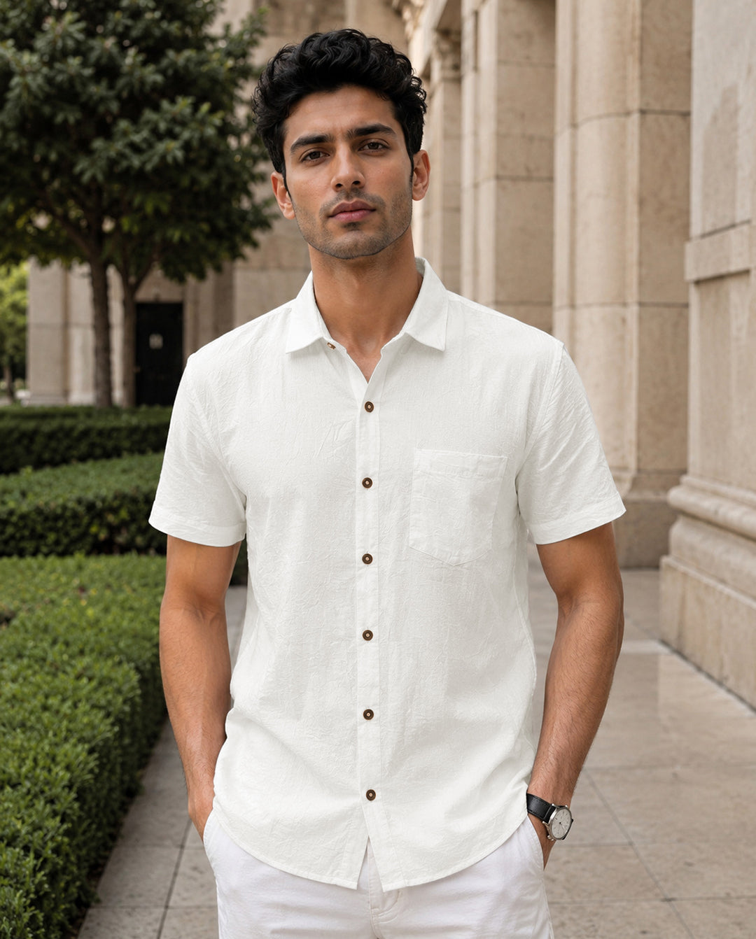 Half-Sleeve Cotton Linen Shirt in White