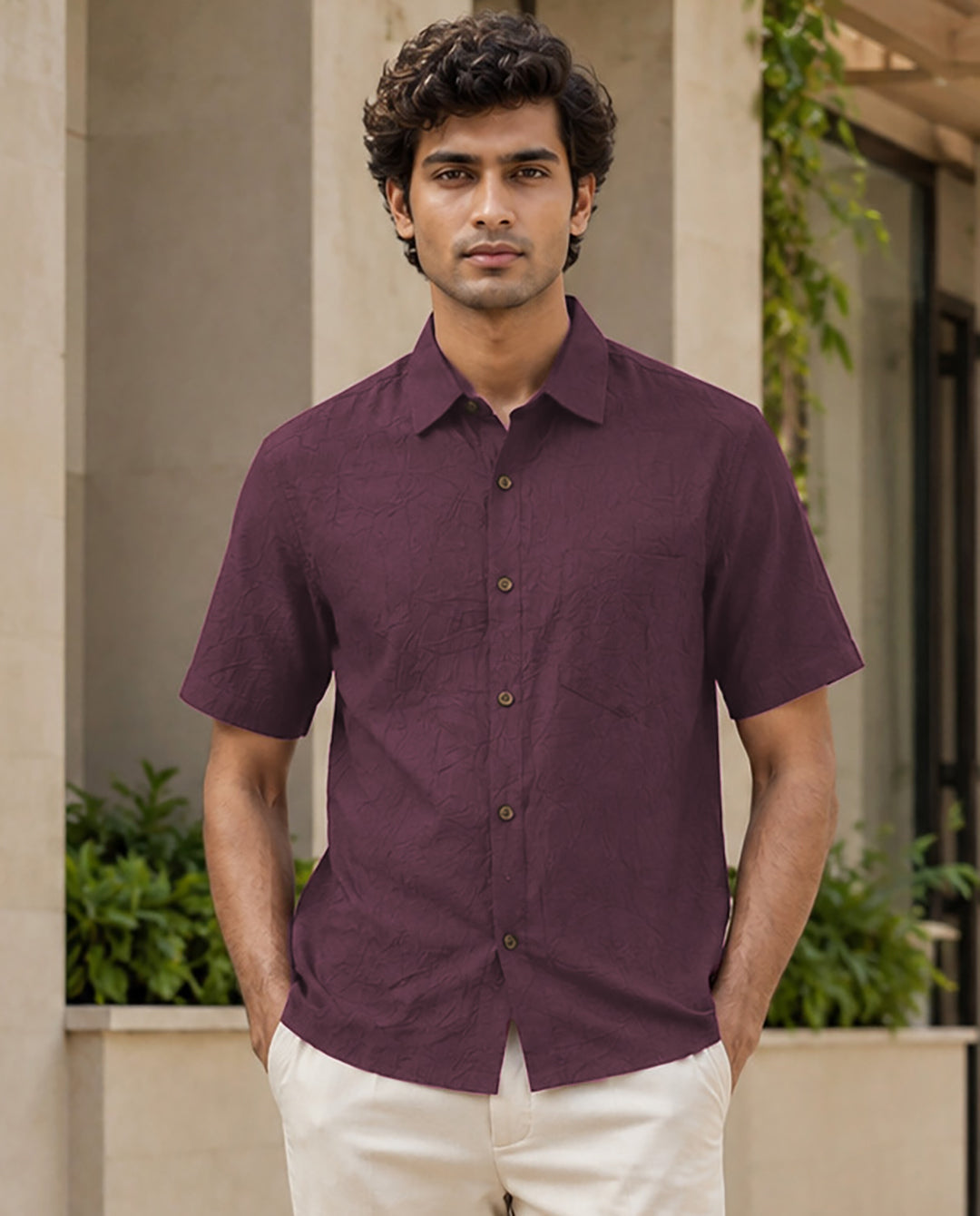 Half-Sleeve Cotton Linen Shirt in Wine
