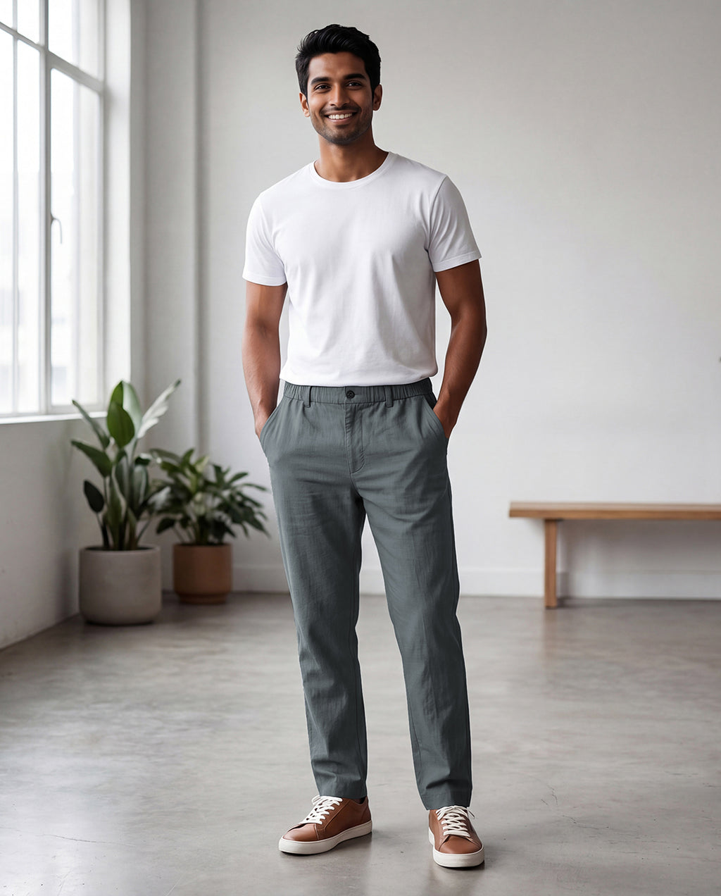 Grey Casual Linen Pants For Men