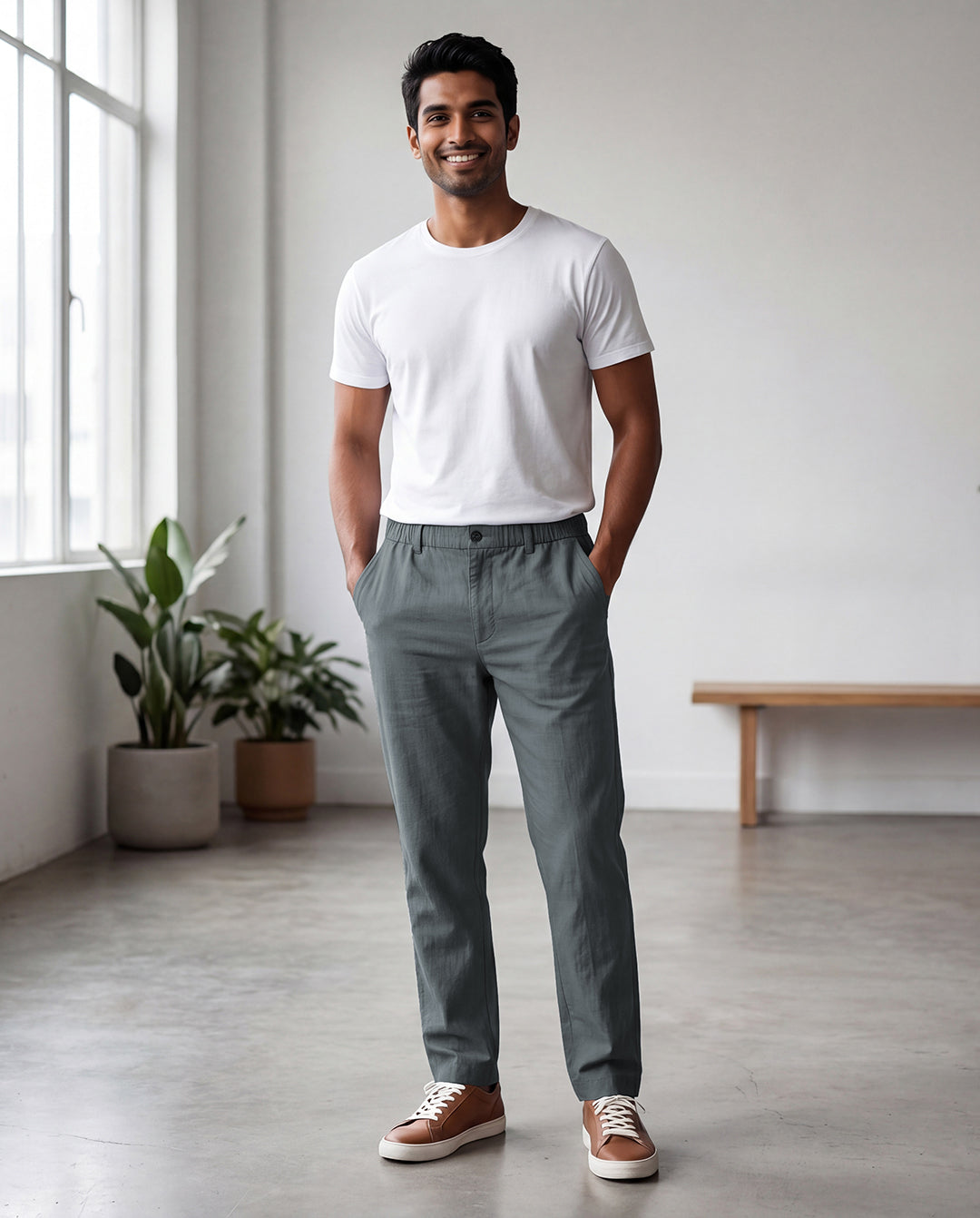 Grey Casual Linen Pants For Men