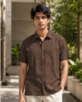 Half-Sleeve Cotton Linen Shirt in Brown