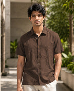Half-Sleeve Cotton Linen Shirt in Brown