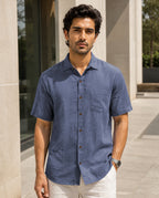 Half-Sleeve Cotton Linen Shirt in Blue
