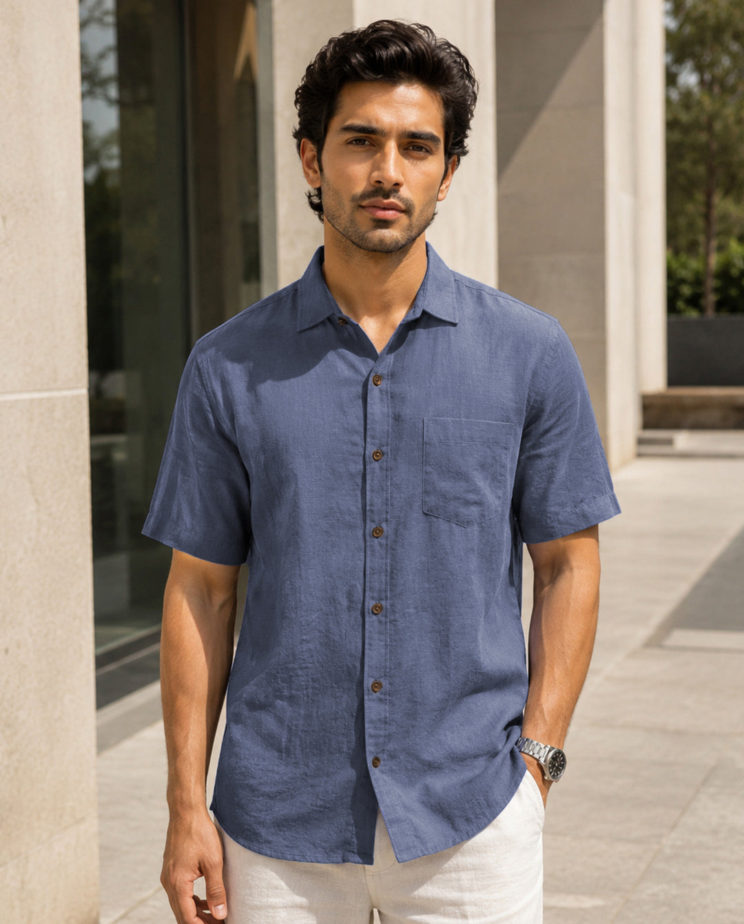Half-Sleeve Cotton Linen Shirt in Blue