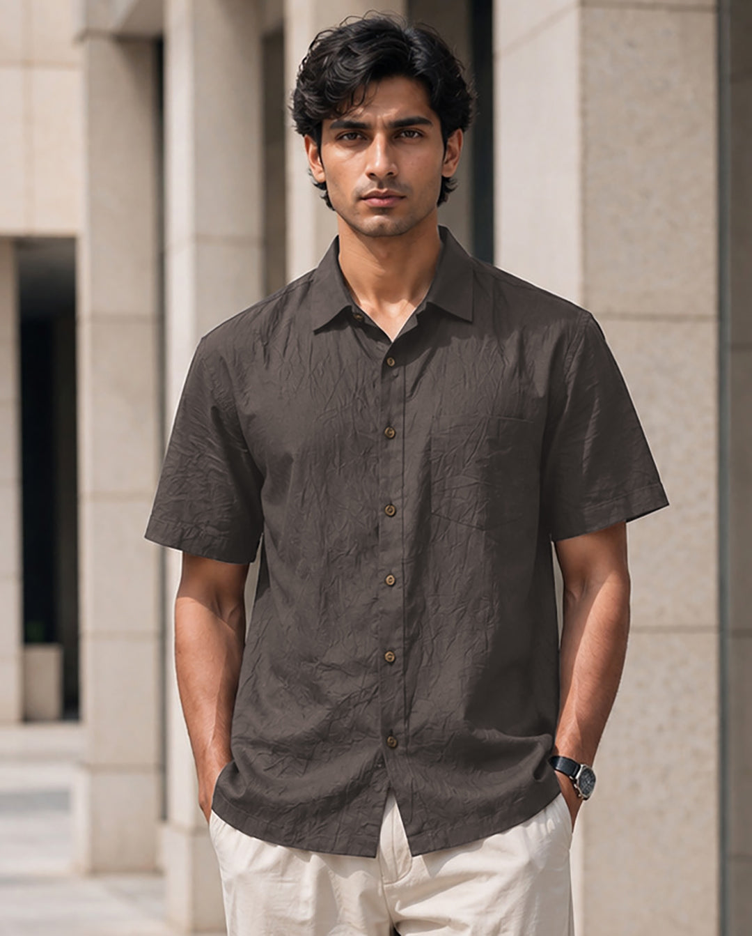 Half-Sleeve Cotton Linen Shirt in Charcoal Grey