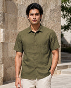 Half-Sleeve Cotton Linen Shirt in Green