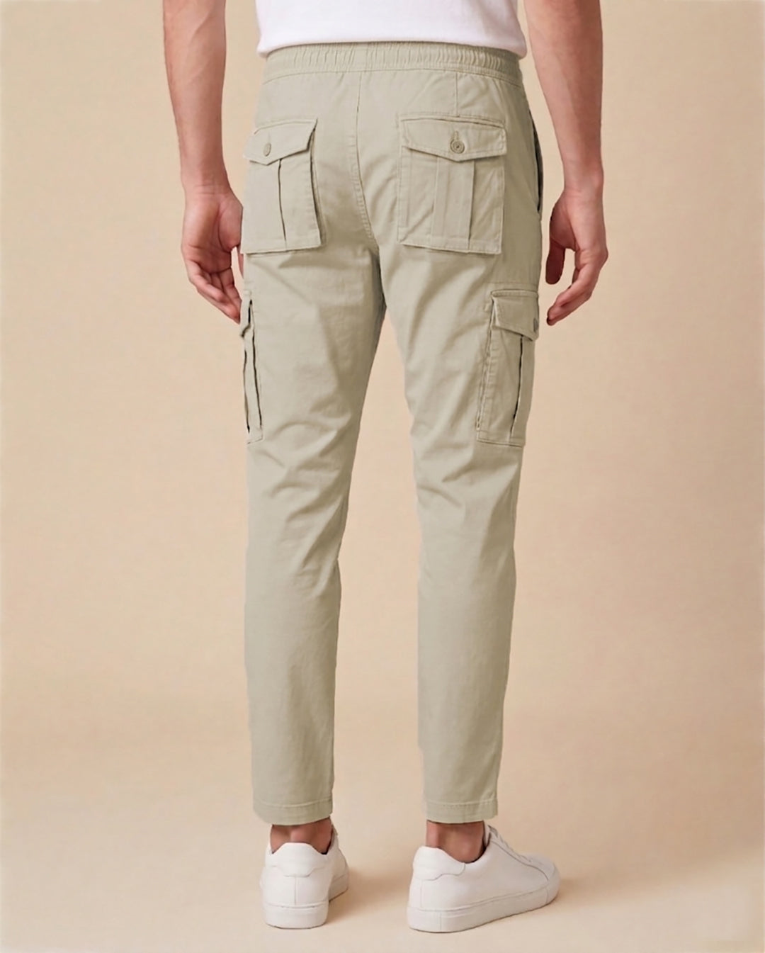 Beige Solid Cargo Pants For Men