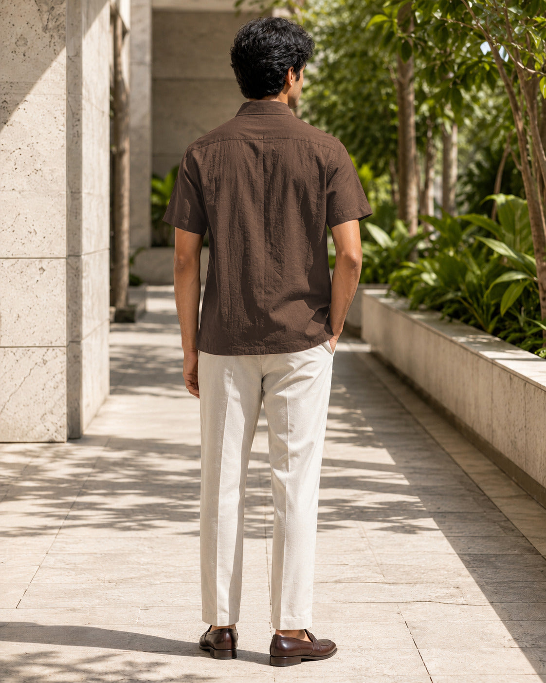 Half-Sleeve Cotton Linen Shirt in Brown
