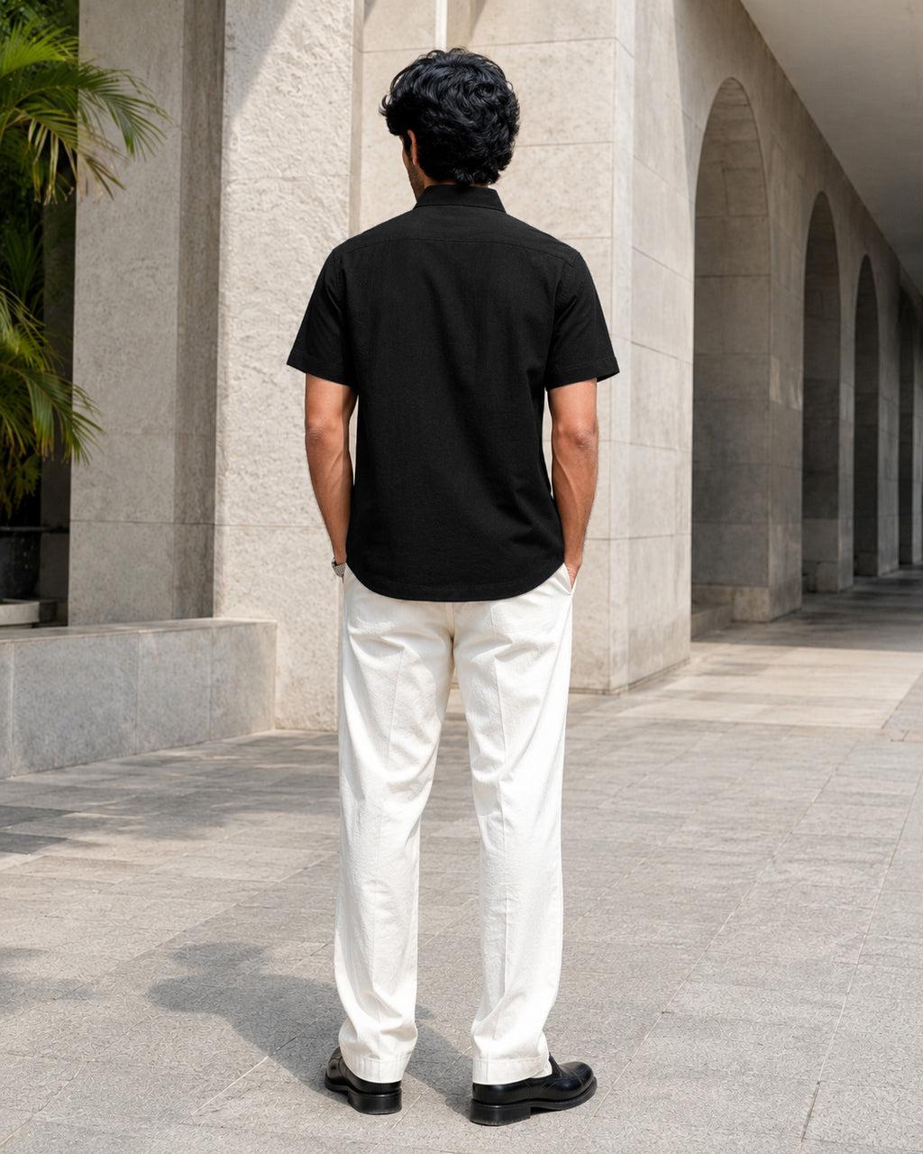 Half-Sleeve Cotton Linen Shirt in Black