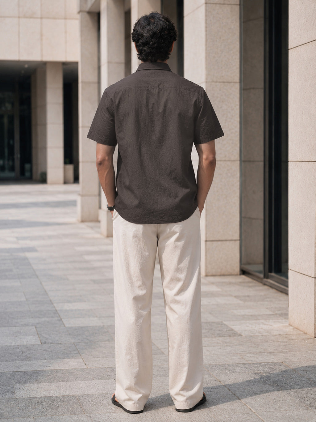 Half-Sleeve Cotton Linen Shirt in Charcoal Grey