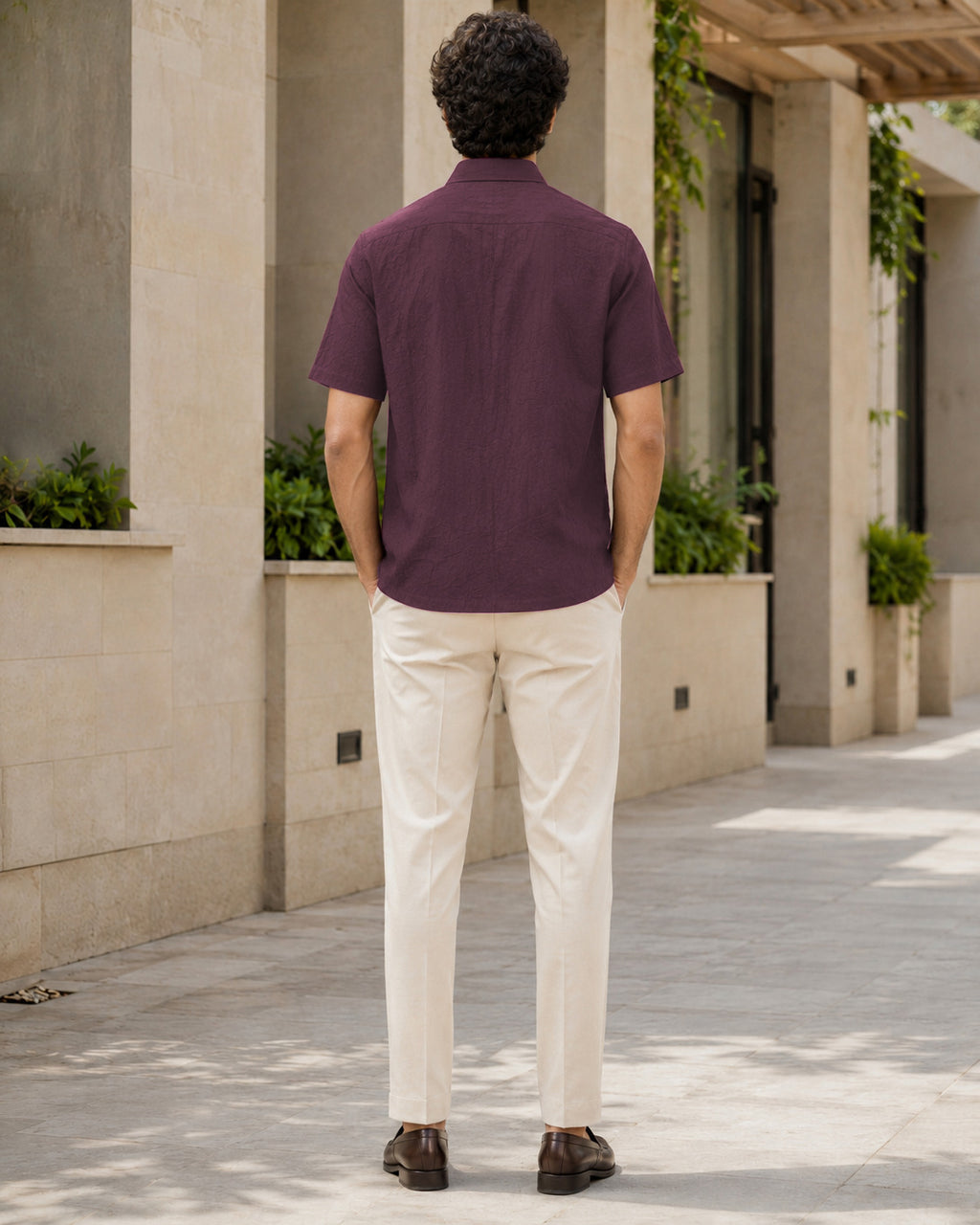 Half-Sleeve Cotton Linen Shirt in Wine