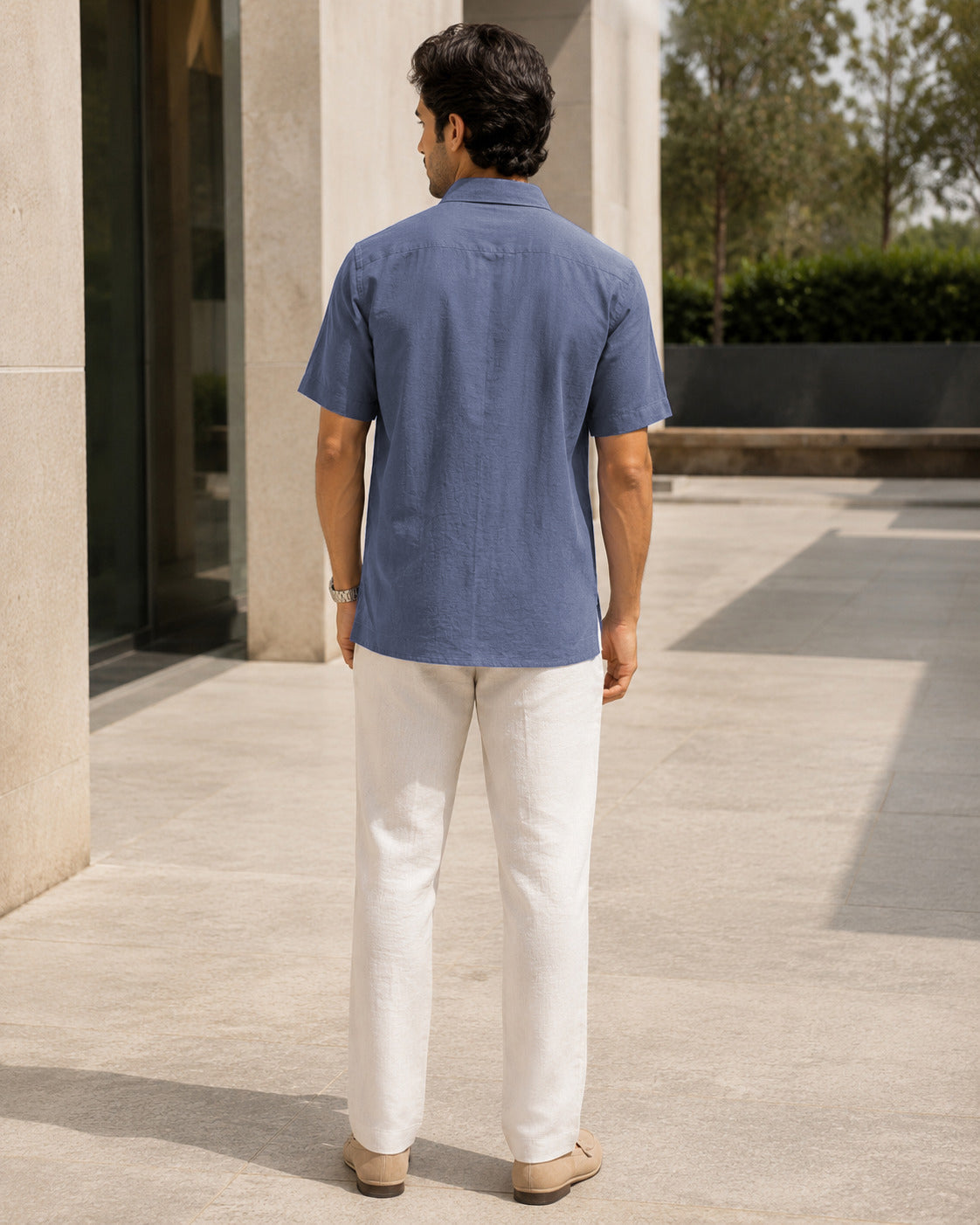 Half-Sleeve Cotton Linen Shirt in Blue
