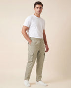 Beige Solid Cargo Pants For Men
