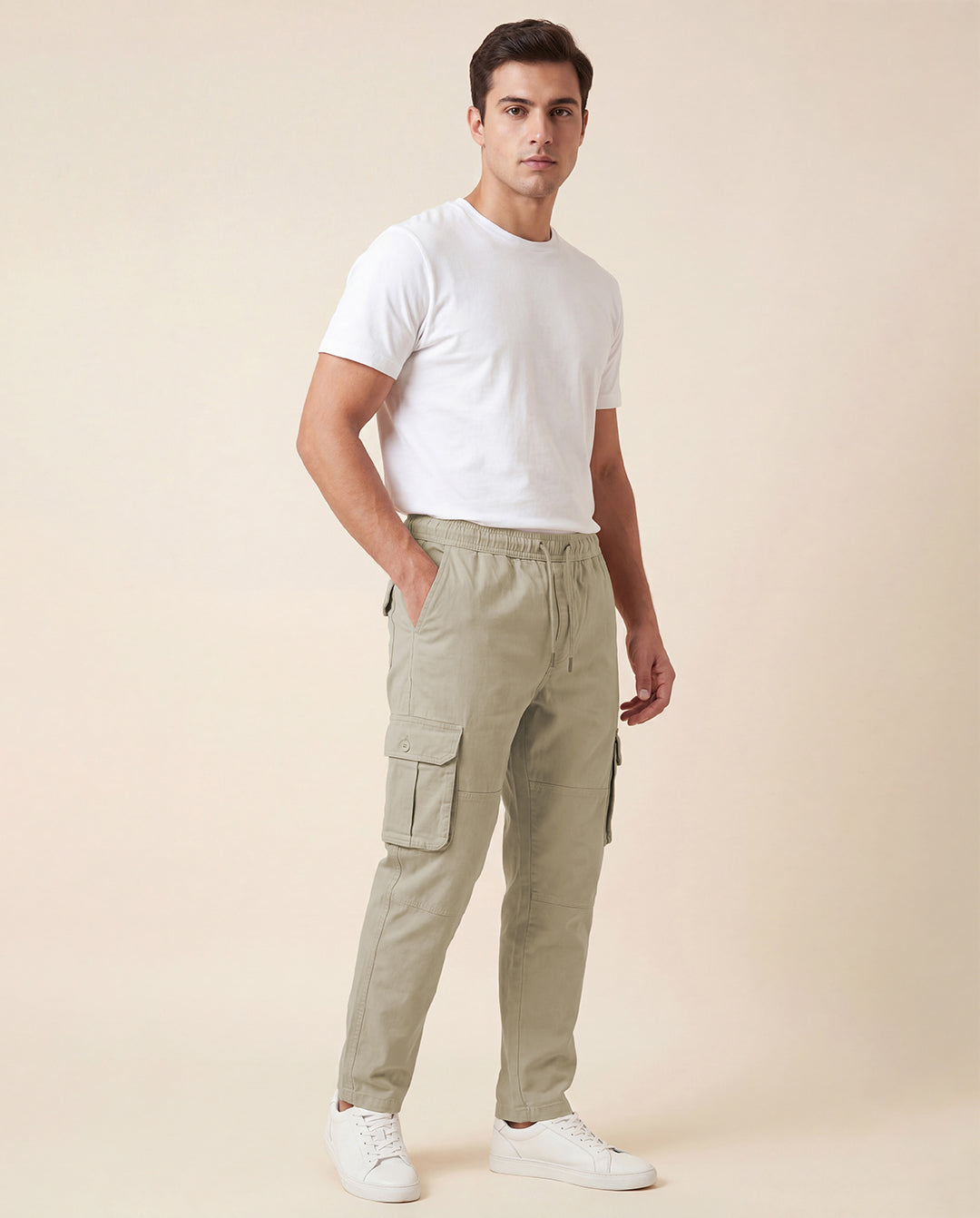 Beige Solid Cargo Pants For Men