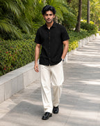 Half-Sleeve Cotton Linen Shirt in Black