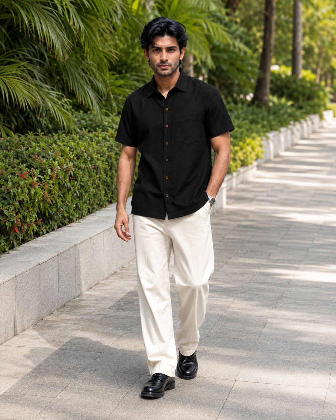 Half-Sleeve Cotton Linen Shirt in Black