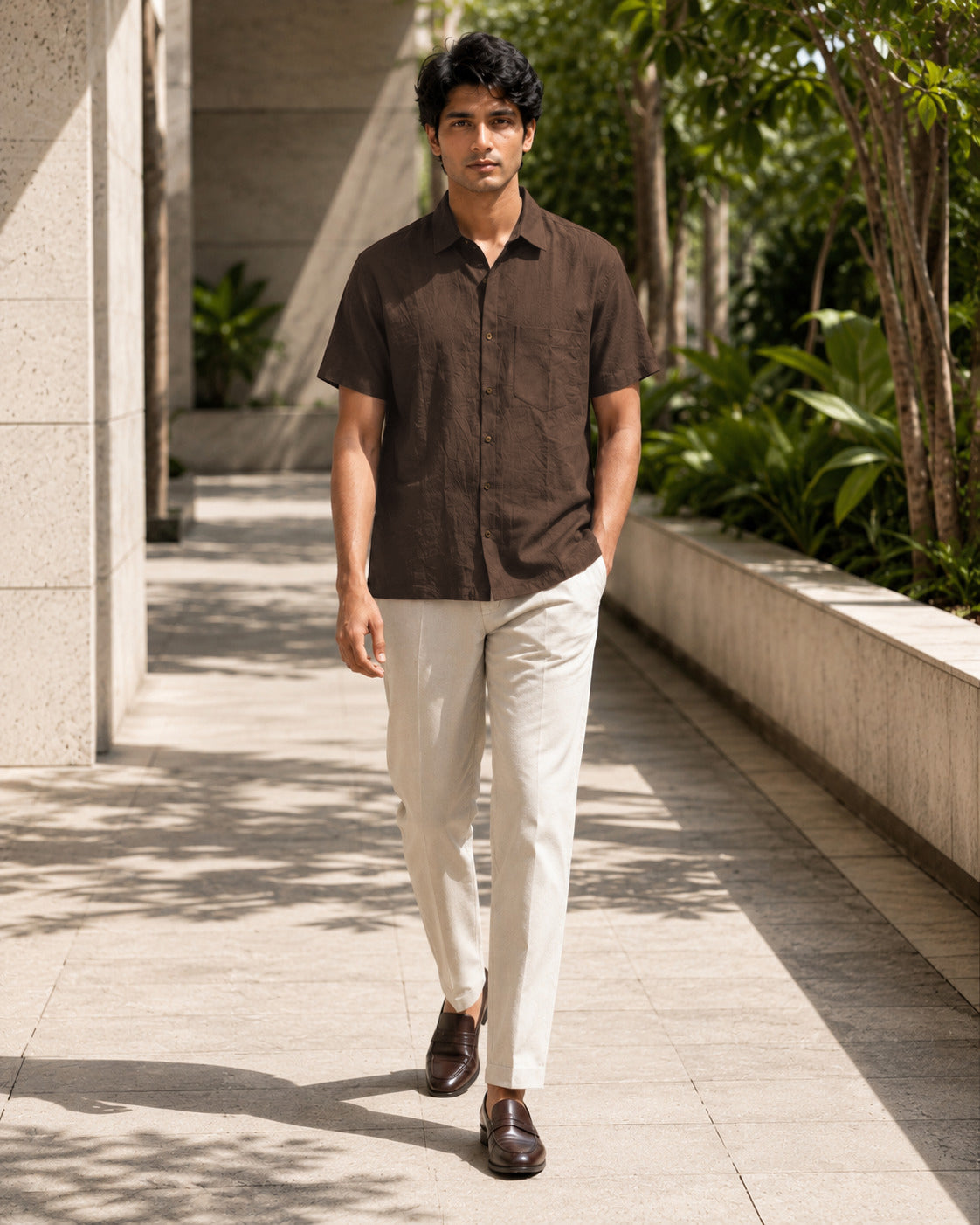 Half-Sleeve Cotton Linen Shirt in Brown