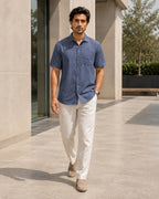 Half-Sleeve Cotton Linen Shirt in Blue