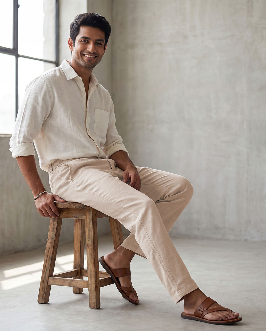 Beige Casual Linen Pants For Men