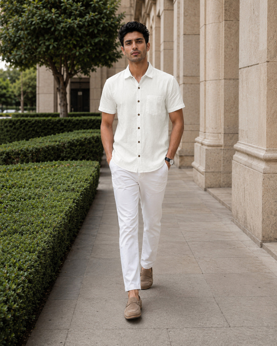 Half-Sleeve Cotton Linen Shirt in White