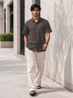 Half-Sleeve Cotton Linen Shirt in Charcoal Grey
