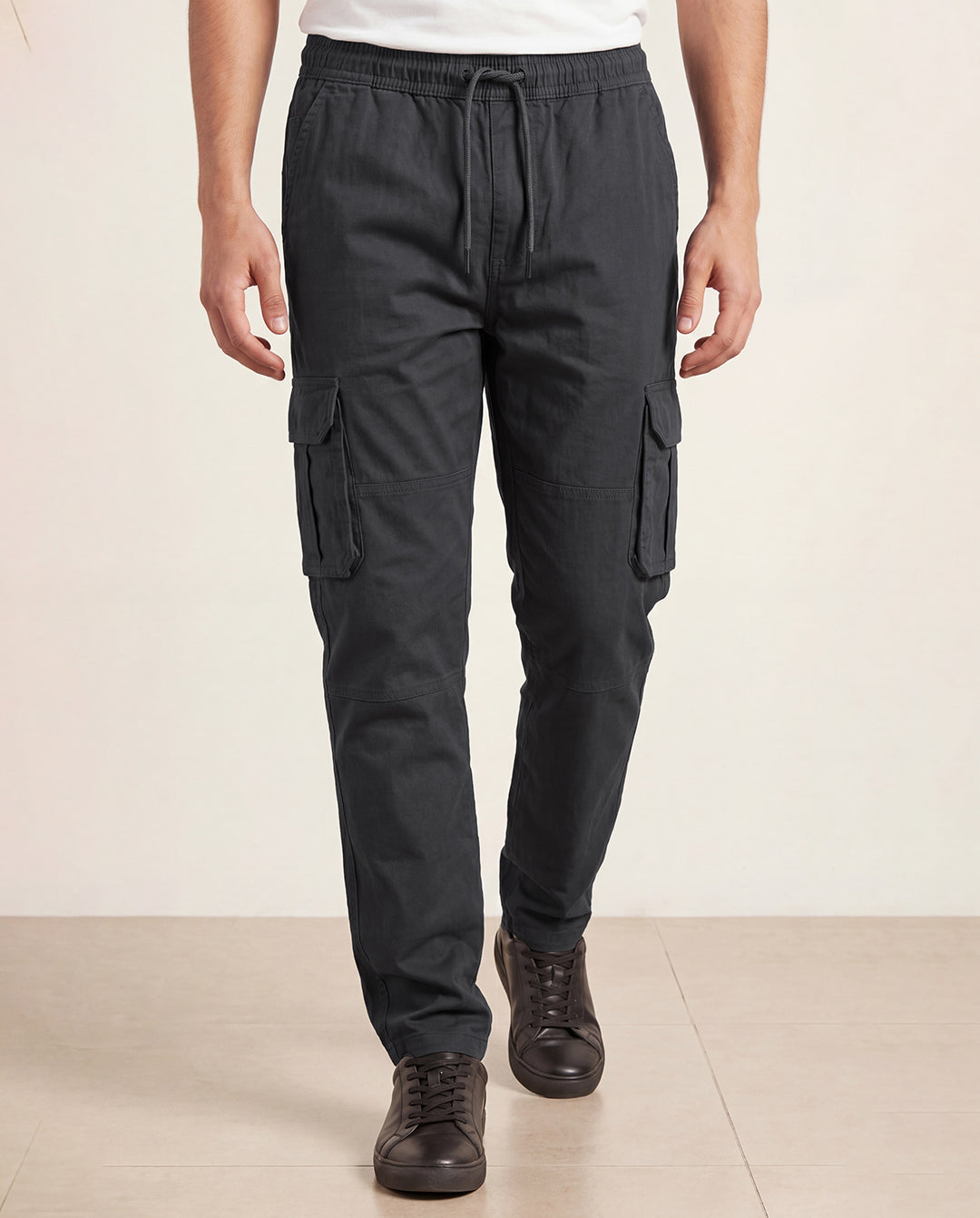 Grey Solid Cargo Pants For Men
