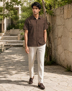 Half-Sleeve Cotton Linen Shirt in Brown
