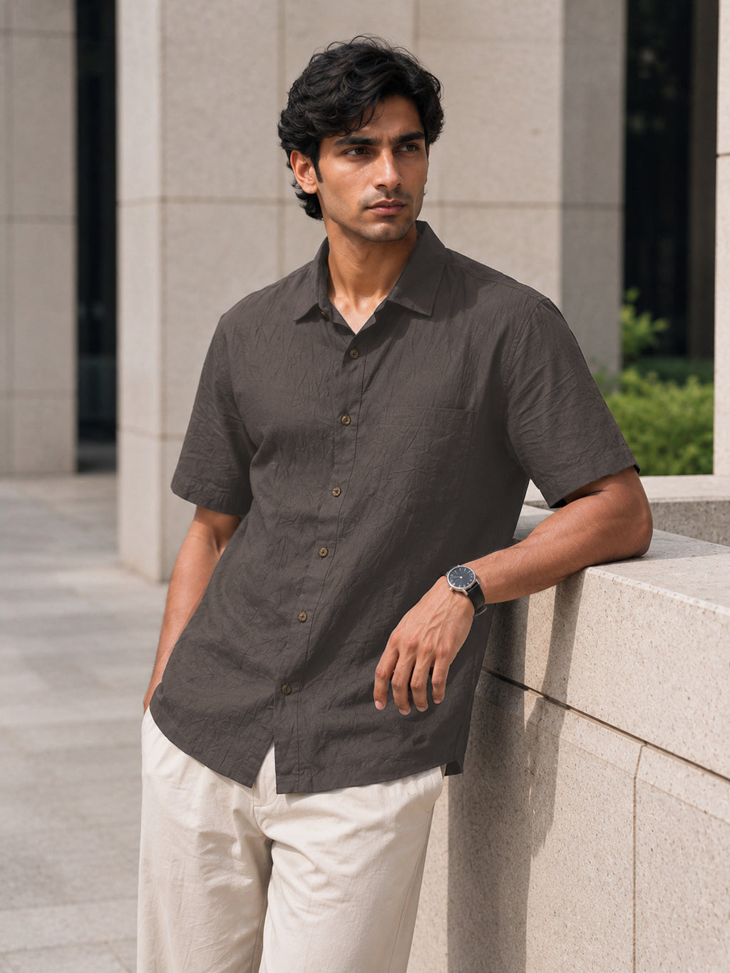 Half-Sleeve Cotton Linen Shirt in Charcoal Grey