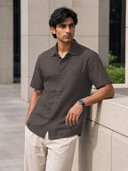 Half-Sleeve Cotton Linen Shirt in Charcoal Grey