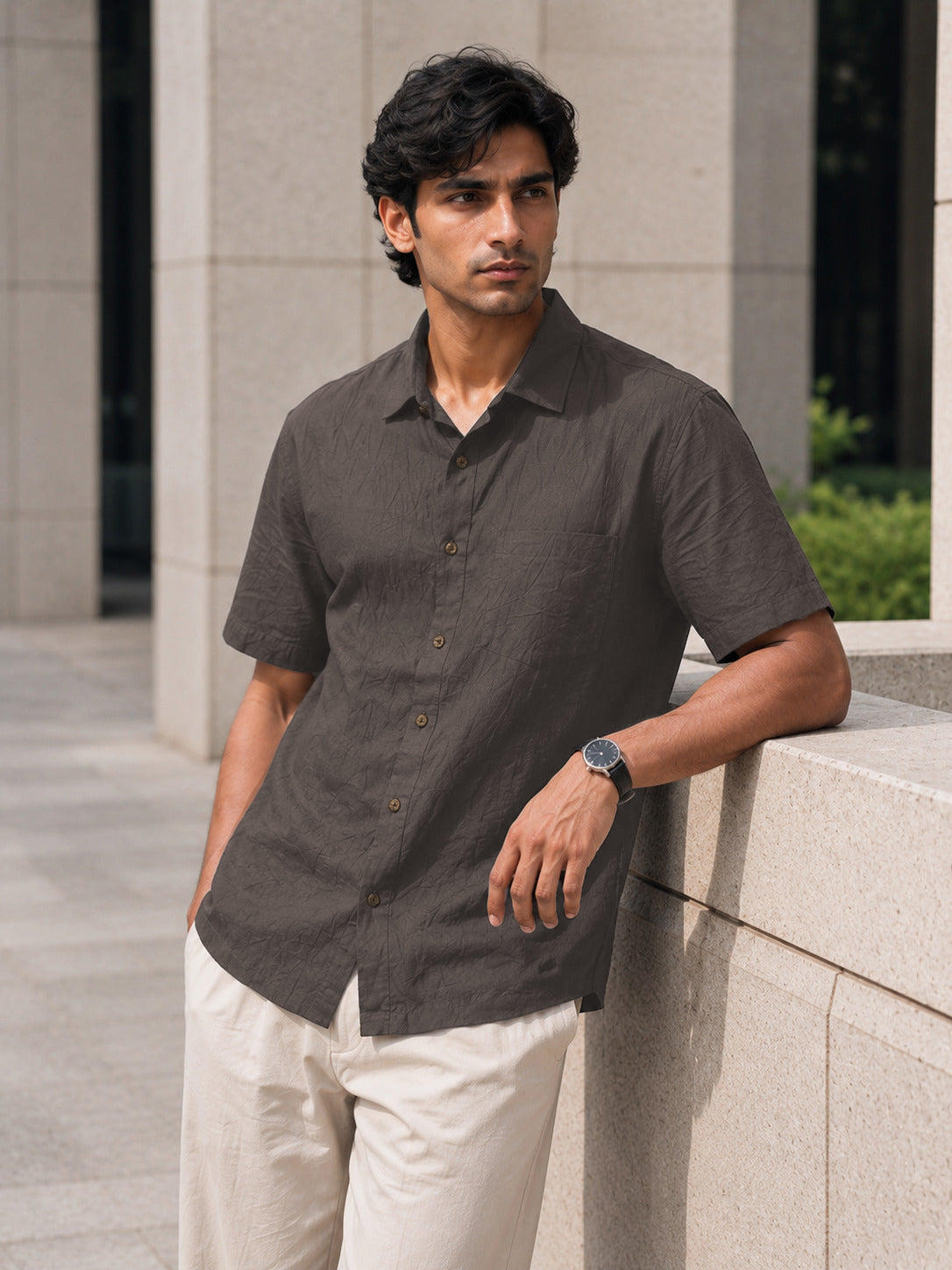 Half-Sleeve Cotton Linen Shirt in Charcoal Grey