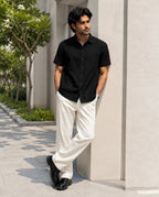 Half-Sleeve Cotton Linen Shirt in Black