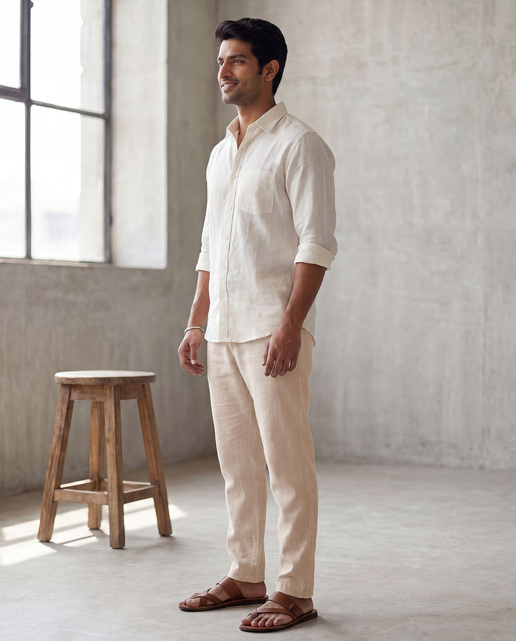 Beige Casual Linen Pants For Men