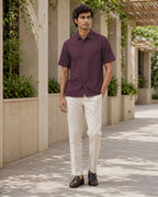 Half-Sleeve Cotton Linen Shirt in Wine