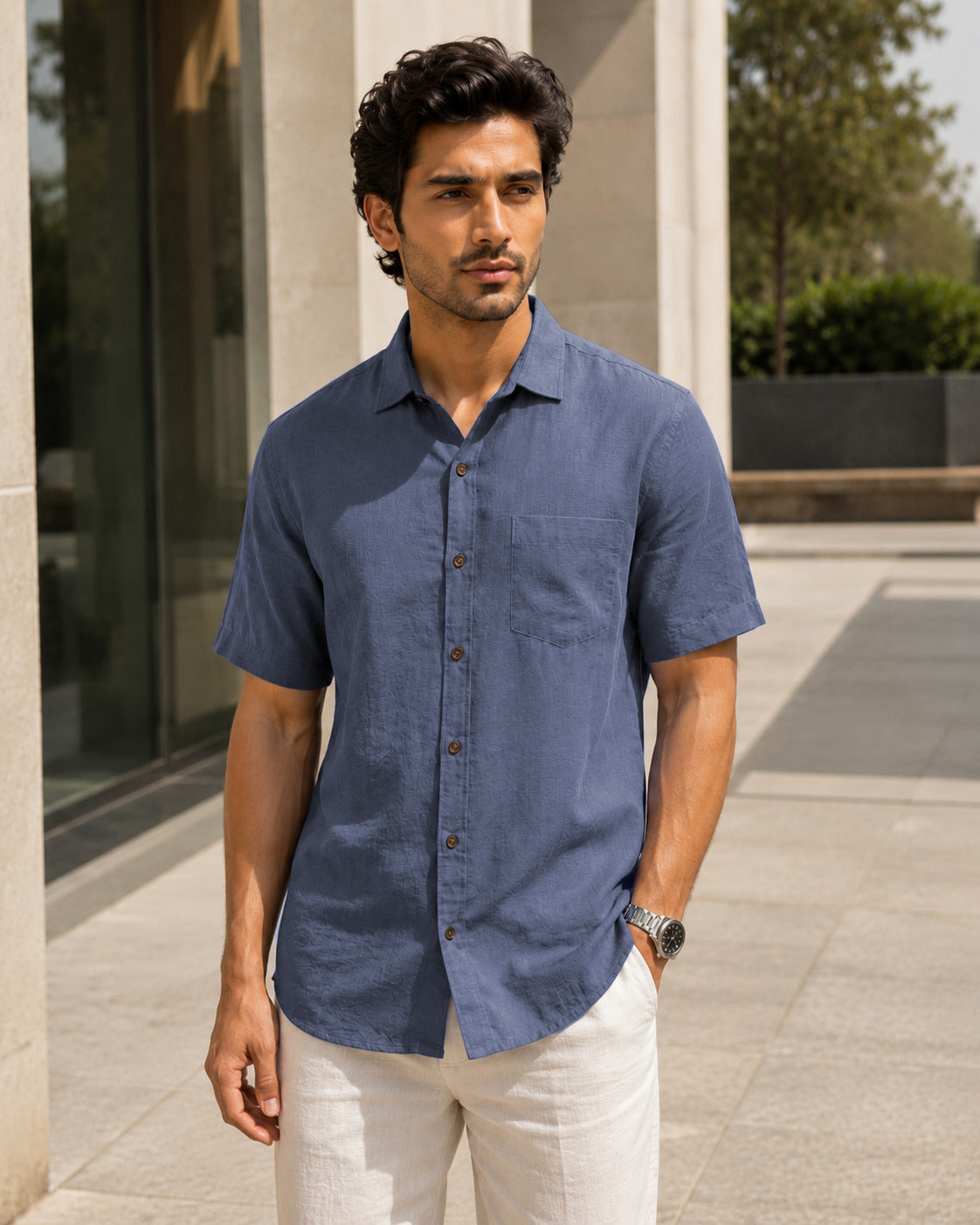 Half-Sleeve Cotton Linen Shirt in Blue