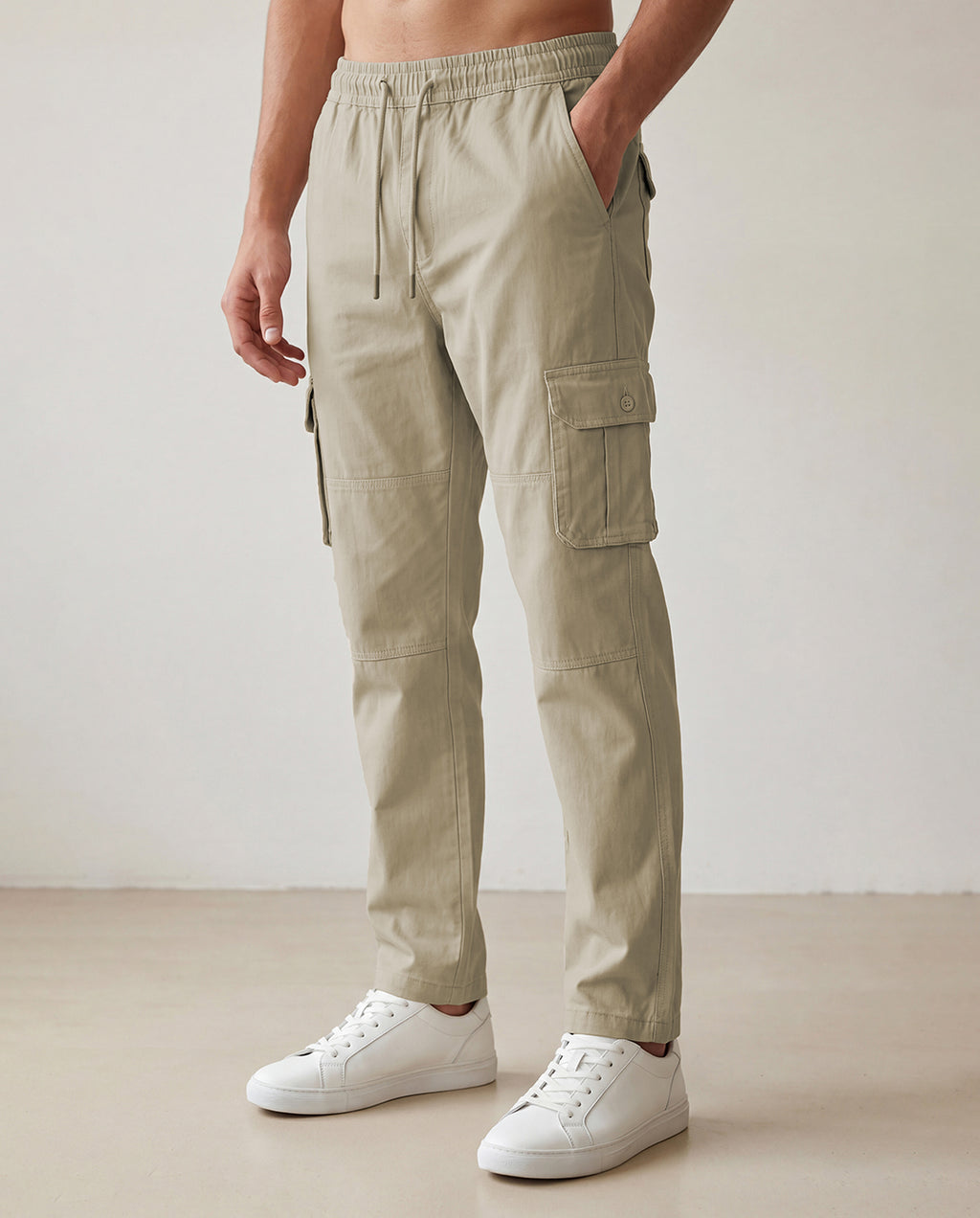 Beige Solid Cargo Pants For Men
