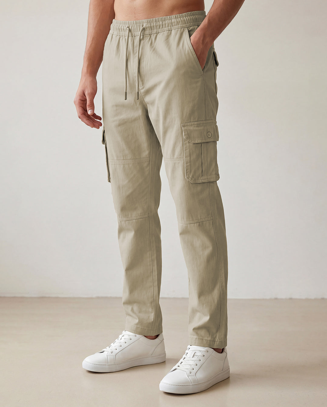 Beige Solid Cargo Pants For Men