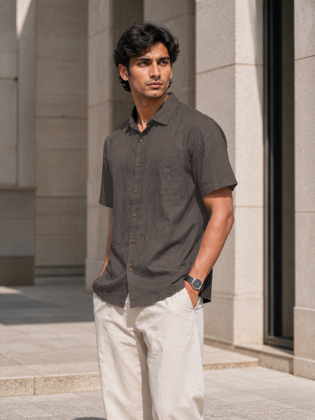 Half-Sleeve Cotton Linen Shirt in Charcoal Grey