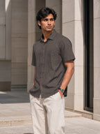 Half-Sleeve Cotton Linen Shirt in Charcoal Grey