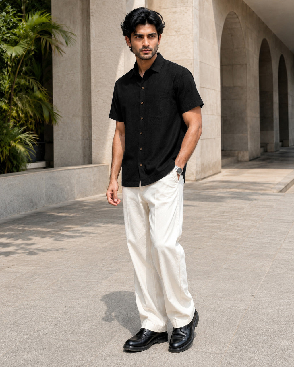 Half-Sleeve Cotton Linen Shirt in Black