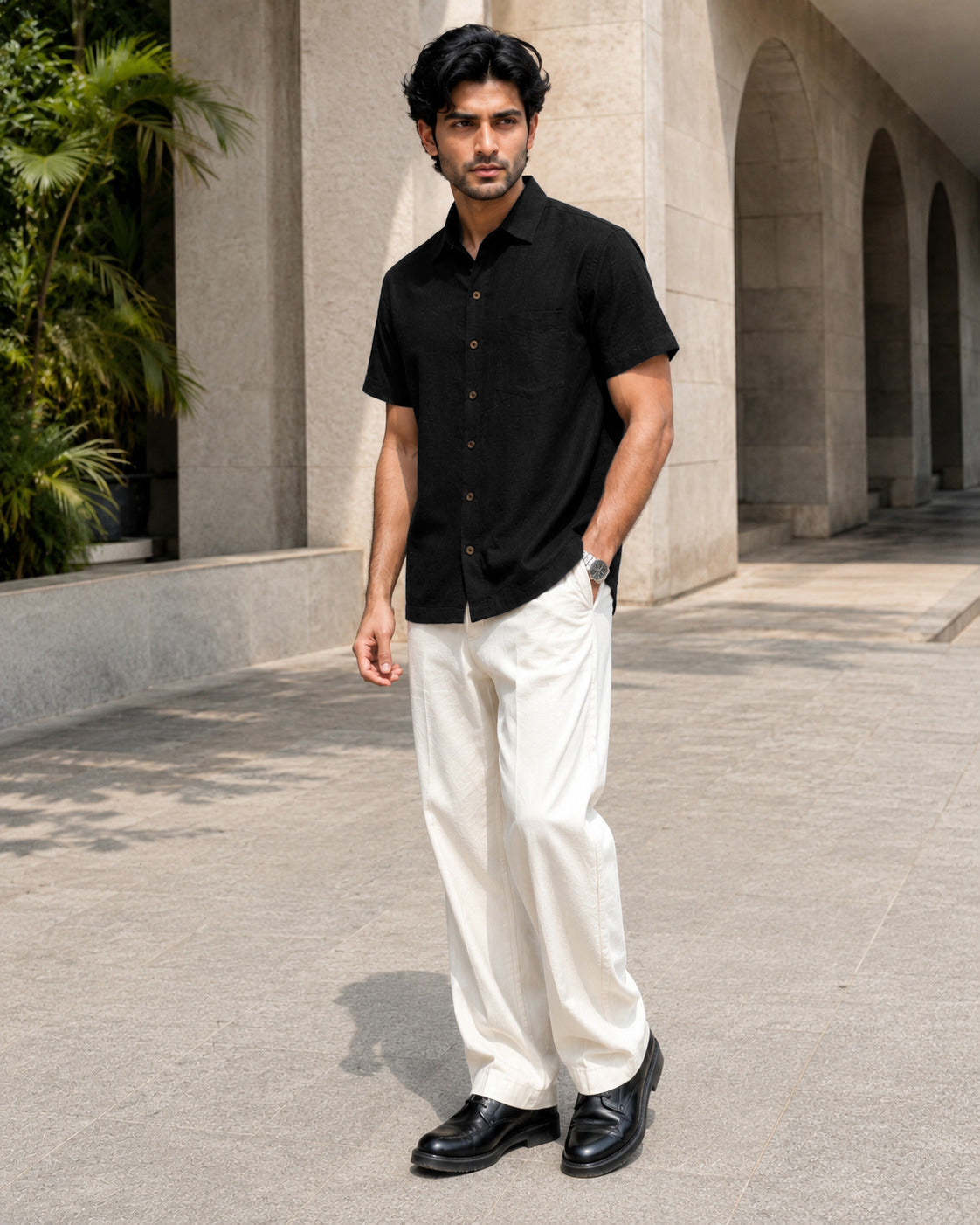 Half-Sleeve Cotton Linen Shirt in Black