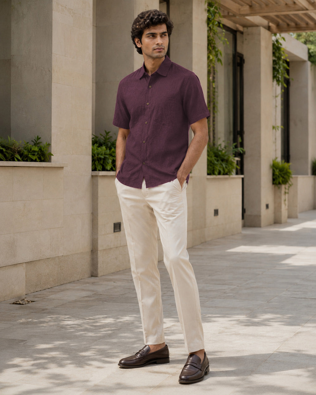 Half-Sleeve Cotton Linen Shirt in Wine