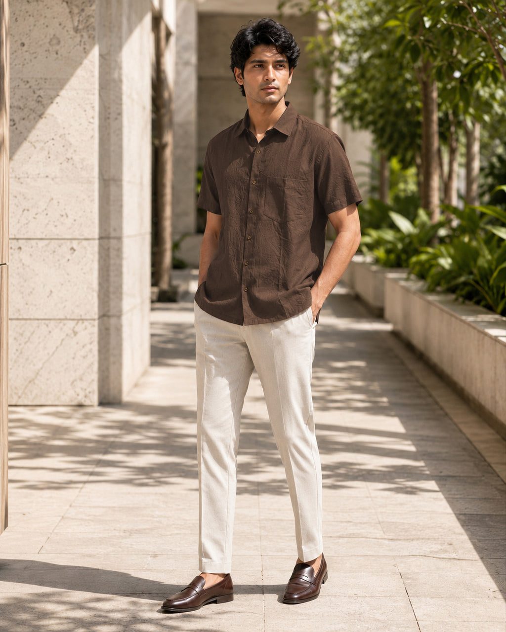 Half-Sleeve Cotton Linen Shirt in Brown