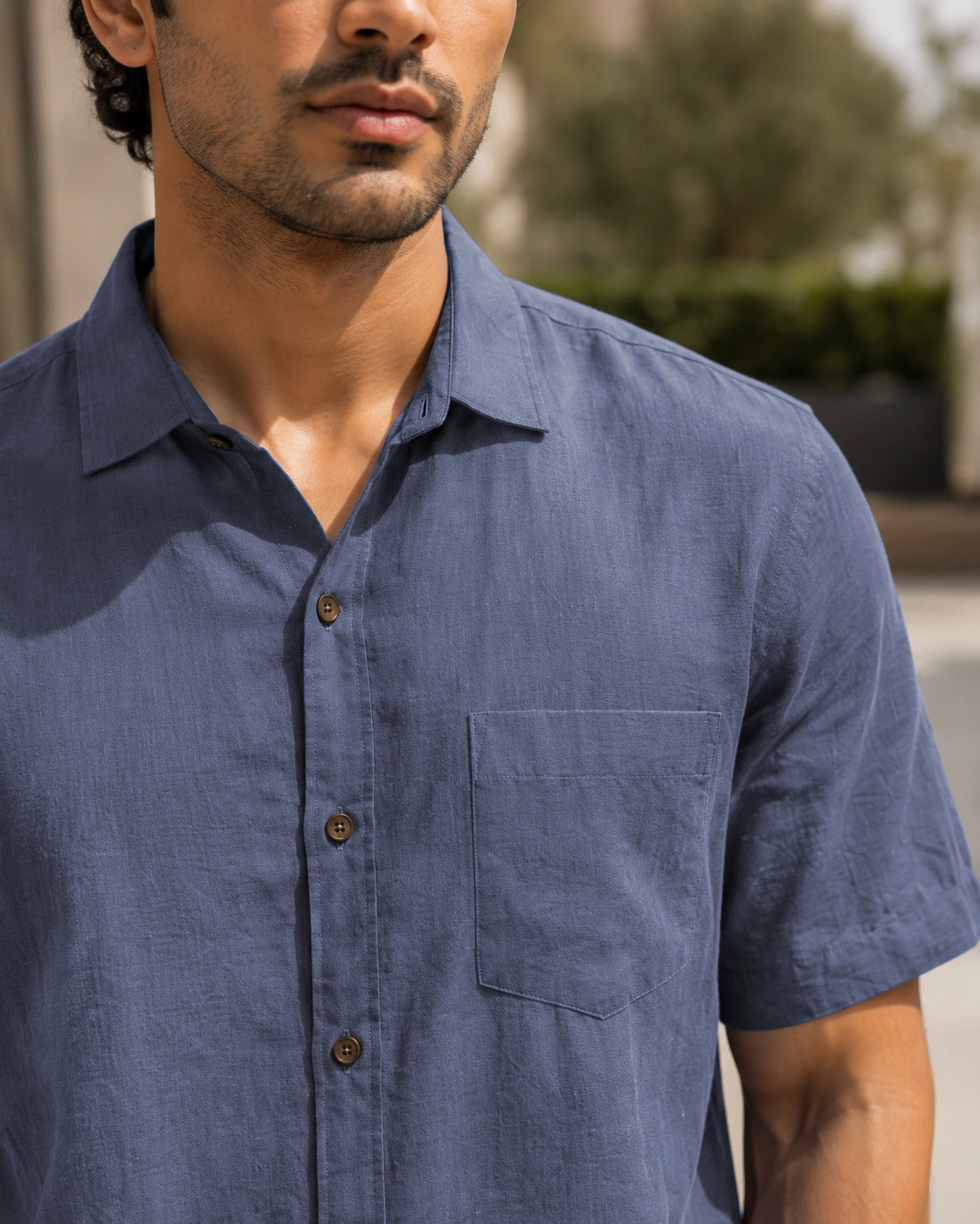 Half-Sleeve Cotton Linen Shirt in Blue